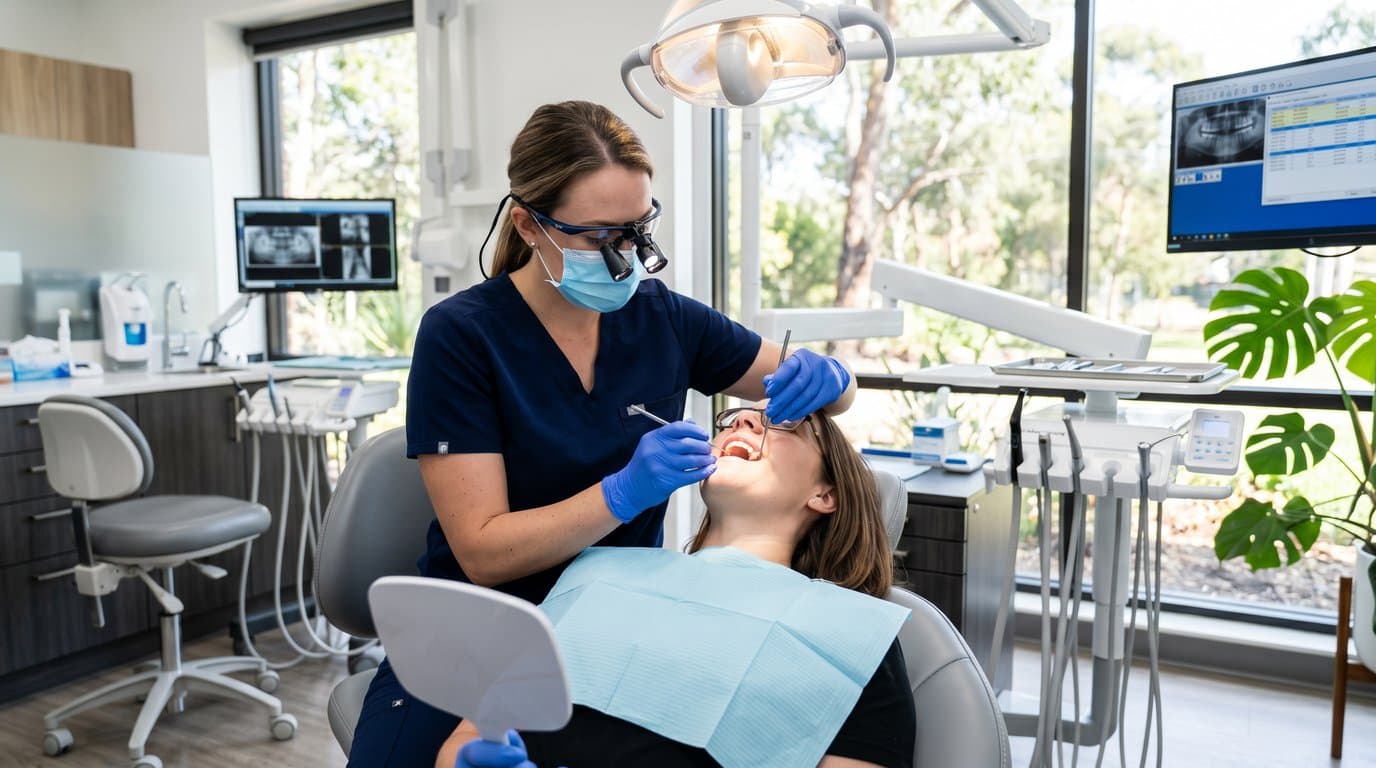 Dentist wearing loupes treating a relaxed patient in a bright modern dental office with large windows and indoor plants