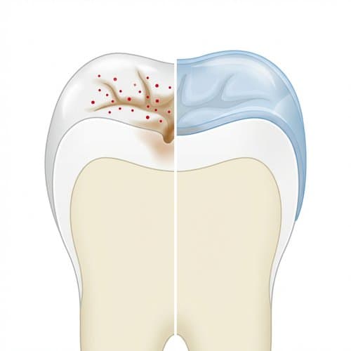 Illustration comparing untreated molar grooves with bacteria versus a sealed, protected chewing surface