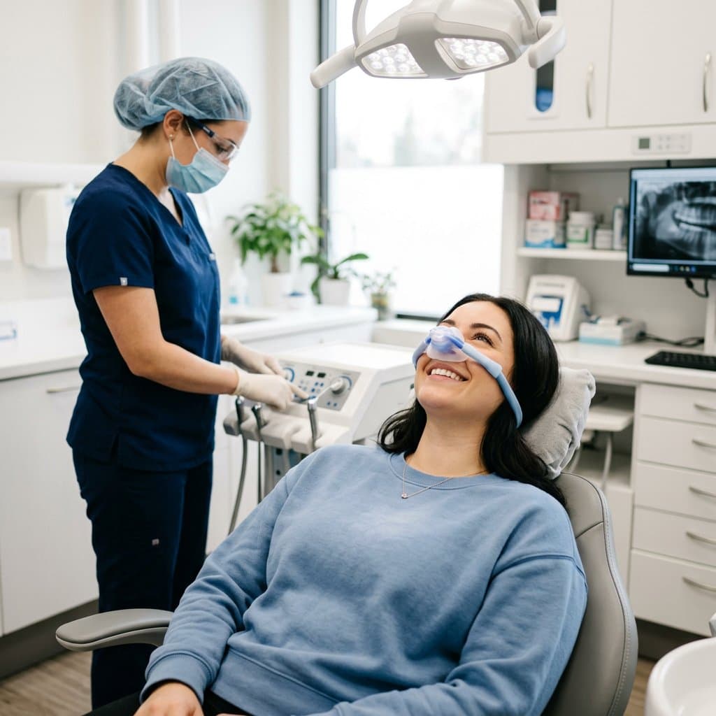 Clinician fitting a nitrous oxide nose mask while the patient smiles—sedation setup