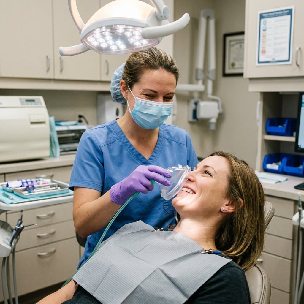 Patient relaxed in the chair with a nitrous oxide nasal mask—comfortable sedation dentistry