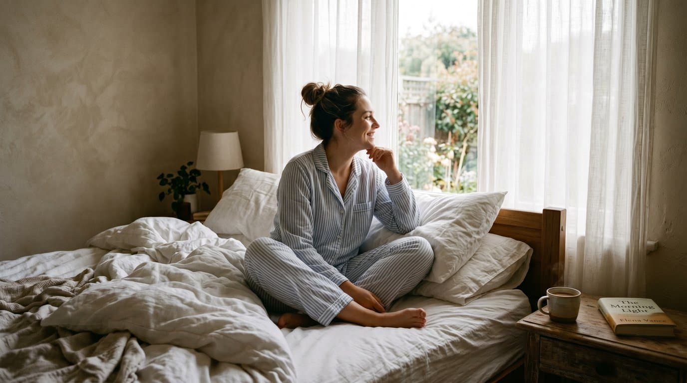 A well-rested woman in pajamas sitting on a sunlit bed with morning light from the window, smiling peacefully