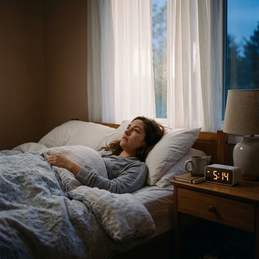 Woman awake in bed in the early morning, struggling with poor sleep and fatigue