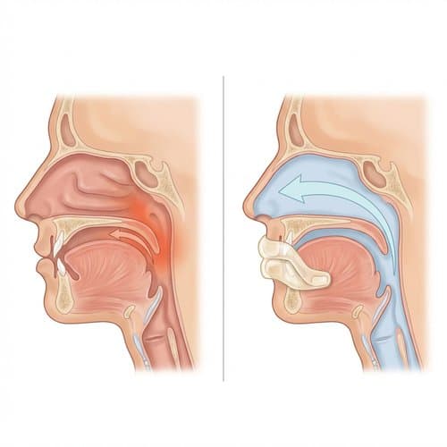 Illustration comparing a narrowed airway in sleep apnea to an open airway with an oral appliance