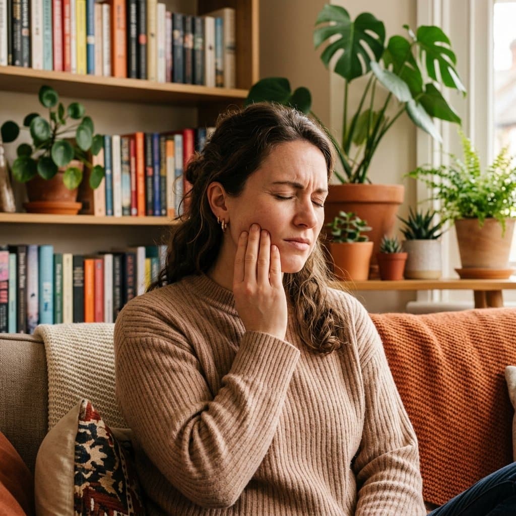 Woman holding her jaw near the TMJ due to facial or jaw pain