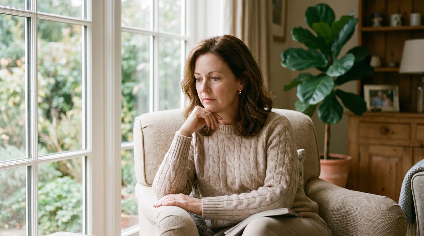 Woman seated in a bright room, resting her hand at her jaw with a thoughtful expression suggesting jaw discomfort