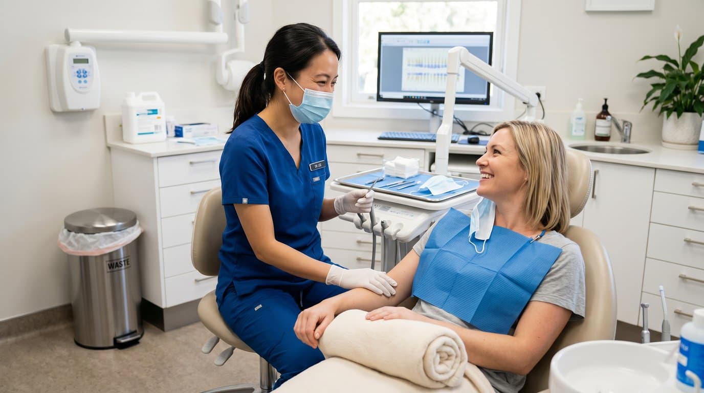 A dental professional in scrubs speaking with a relaxed patient in a dental chair in a bright, modern office